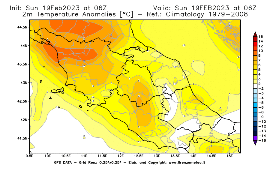 Mappa di analisi GFS - Anomalia Temperatura [°C] a 2 m in Centro-Italia
							del 19/02/2023 06 <!--googleoff: index-->UTC<!--googleon: index-->