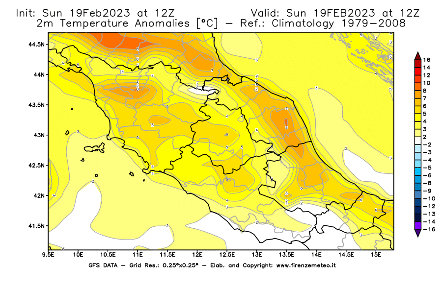 Mappa di analisi GFS - Anomalia Temperatura [°C] a 2 m in Centro-Italia
							del 19/02/2023 12 <!--googleoff: index-->UTC<!--googleon: index-->