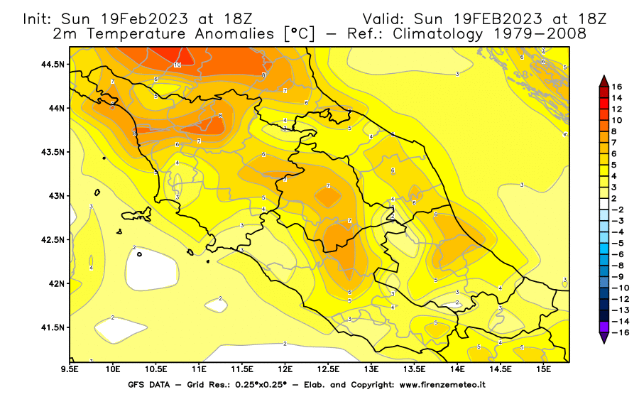 Mappa di analisi GFS - Anomalia Temperatura [°C] a 2 m in Centro-Italia
							del 19/02/2023 18 <!--googleoff: index-->UTC<!--googleon: index-->