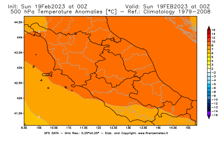 Mappa di analisi GFS - Anomalia Temperatura [°C] a 500 hPa in Centro-Italia
							del 19/02/2023 00 <!--googleoff: index-->UTC<!--googleon: index-->