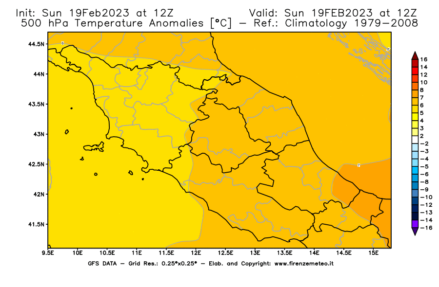 Mappa di analisi GFS - Anomalia Temperatura [°C] a 500 hPa in Centro-Italia
							del 19/02/2023 12 <!--googleoff: index-->UTC<!--googleon: index-->