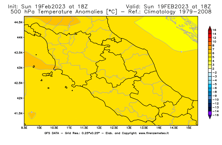 Mappa di analisi GFS - Anomalia Temperatura [°C] a 500 hPa in Centro-Italia
							del 19/02/2023 18 <!--googleoff: index-->UTC<!--googleon: index-->