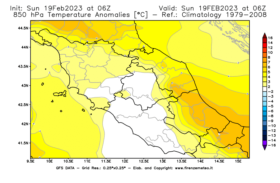 Mappa di analisi GFS - Anomalia Temperatura [°C] a 850 hPa in Centro-Italia
							del 19/02/2023 06 <!--googleoff: index-->UTC<!--googleon: index-->
