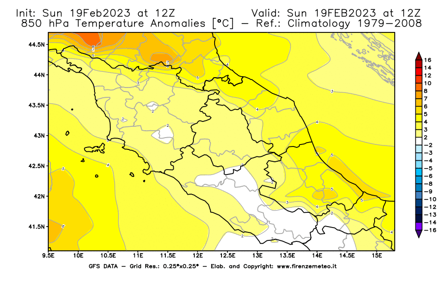 Mappa di analisi GFS - Anomalia Temperatura [°C] a 850 hPa in Centro-Italia
							del 19/02/2023 12 <!--googleoff: index-->UTC<!--googleon: index-->