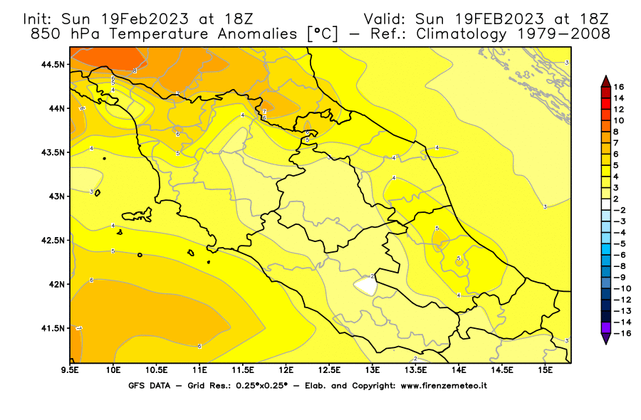 Mappa di analisi GFS - Anomalia Temperatura [°C] a 850 hPa in Centro-Italia
							del 19/02/2023 18 <!--googleoff: index-->UTC<!--googleon: index-->