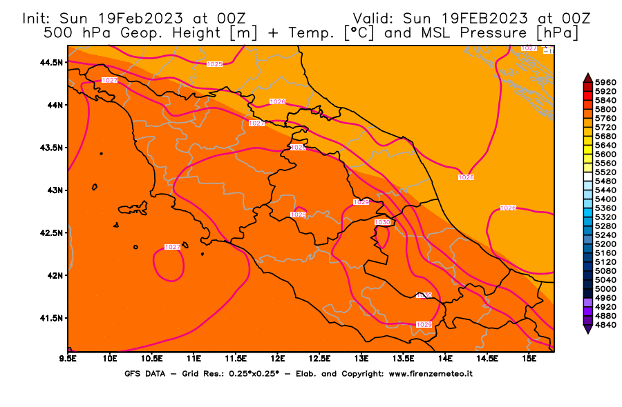 Mappa di analisi GFS - Geopotenziale [m] + Temp. [°C] a 500 hPa + Press. a livello del mare [hPa] in Centro-Italia
							del 19/02/2023 00 <!--googleoff: index-->UTC<!--googleon: index-->