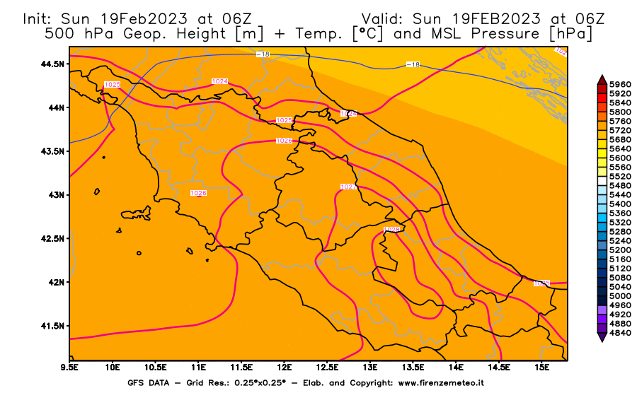 Mappa di analisi GFS - Geopotenziale [m] + Temp. [°C] a 500 hPa + Press. a livello del mare [hPa] in Centro-Italia
							del 19/02/2023 06 <!--googleoff: index-->UTC<!--googleon: index-->