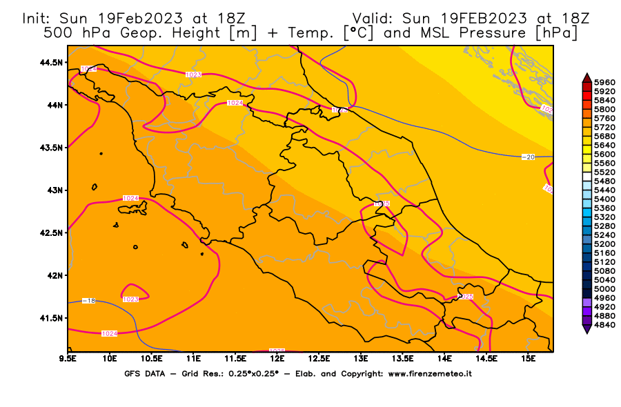 Mappa di analisi GFS - Geopotenziale [m] + Temp. [°C] a 500 hPa + Press. a livello del mare [hPa] in Centro-Italia
							del 19/02/2023 18 <!--googleoff: index-->UTC<!--googleon: index-->