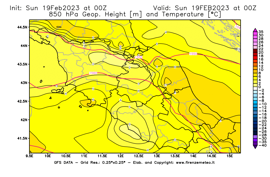 Mappa di analisi GFS - Geopotenziale [m] e Temperatura [°C] a 850 hPa in Centro-Italia
							del 19/02/2023 00 <!--googleoff: index-->UTC<!--googleon: index-->