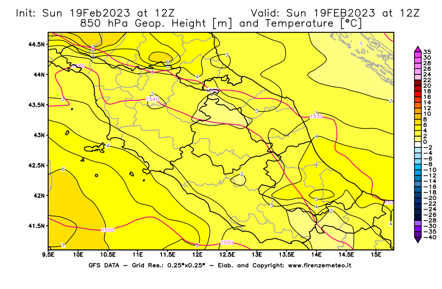 Mappa di analisi GFS - Geopotenziale [m] e Temperatura [°C] a 850 hPa in Centro-Italia
							del 19/02/2023 12 <!--googleoff: index-->UTC<!--googleon: index-->