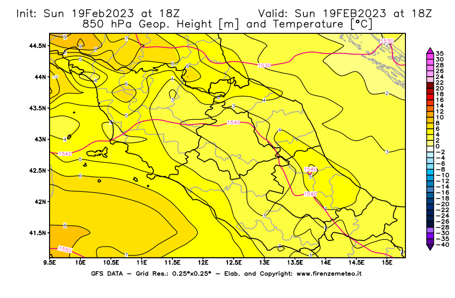 Mappa di analisi GFS - Geopotenziale [m] e Temperatura [°C] a 850 hPa in Centro-Italia
							del 19/02/2023 18 <!--googleoff: index-->UTC<!--googleon: index-->