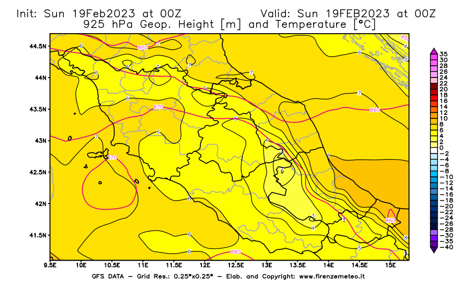 Mappa di analisi GFS - Geopotenziale [m] e Temperatura [°C] a 925 hPa in Centro-Italia
							del 19/02/2023 00 <!--googleoff: index-->UTC<!--googleon: index-->