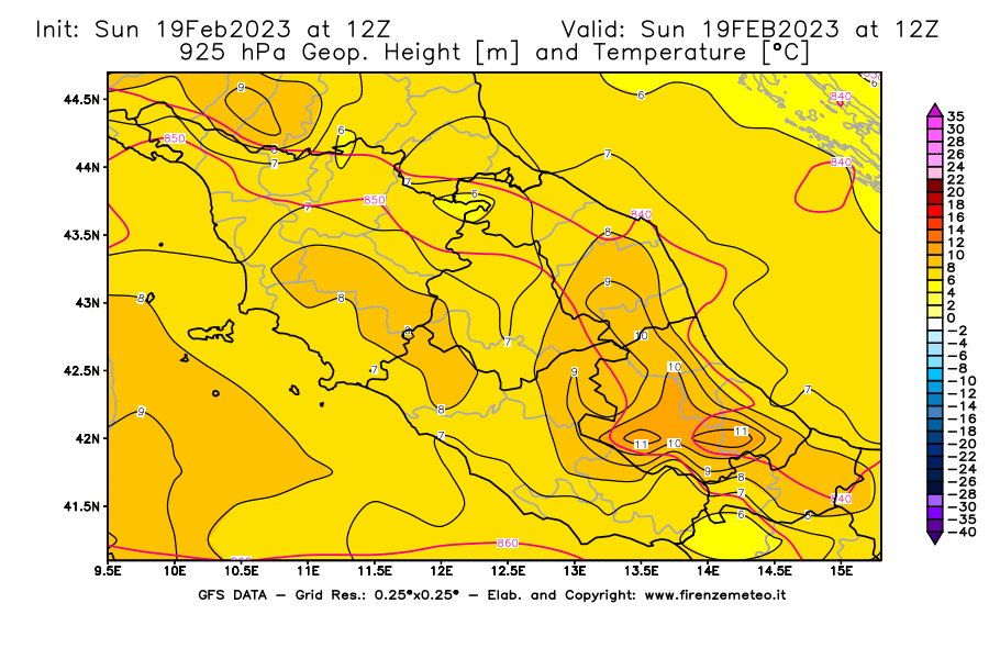 Mappa di analisi GFS - Geopotenziale [m] e Temperatura [°C] a 925 hPa in Centro-Italia
							del 19/02/2023 12 <!--googleoff: index-->UTC<!--googleon: index-->