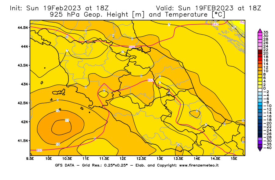 Mappa di analisi GFS - Geopotenziale [m] e Temperatura [°C] a 925 hPa in Centro-Italia
							del 19/02/2023 18 <!--googleoff: index-->UTC<!--googleon: index-->
