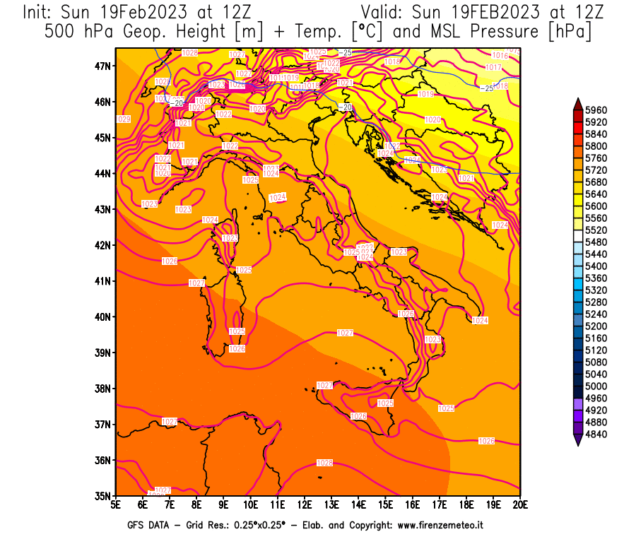 Mappa di analisi GFS - Geopotenziale [m] + Temp. [°C] a 500 hPa + Press. a livello del mare [hPa] in Italia
							del 19/02/2023 12 <!--googleoff: index-->UTC<!--googleon: index-->