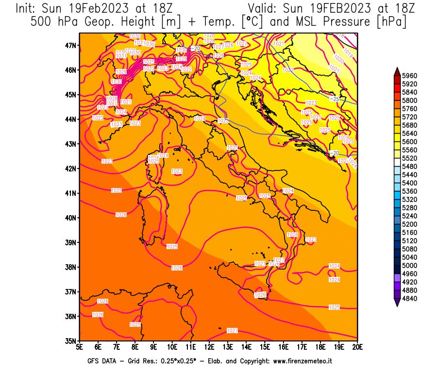 Mappa di analisi GFS - Geopotenziale [m] + Temp. [°C] a 500 hPa + Press. a livello del mare [hPa] in Italia
							del 19/02/2023 18 <!--googleoff: index-->UTC<!--googleon: index-->