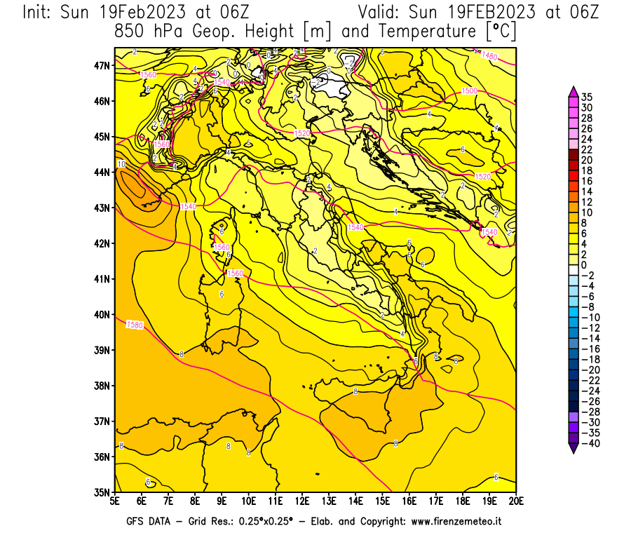 Mappa di analisi GFS - Geopotenziale [m] e Temperatura [°C] a 850 hPa in Italia
							del 19/02/2023 06 <!--googleoff: index-->UTC<!--googleon: index-->