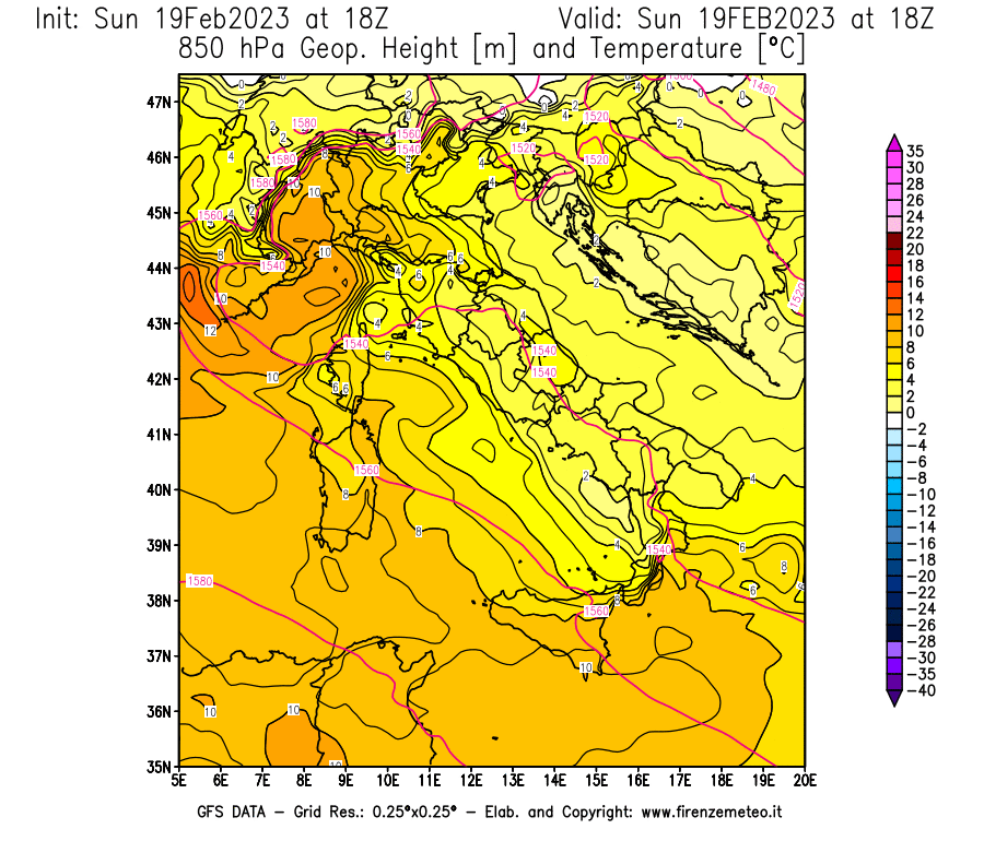Mappa di analisi GFS - Geopotenziale [m] e Temperatura [°C] a 850 hPa in Italia
							del 19/02/2023 18 <!--googleoff: index-->UTC<!--googleon: index-->