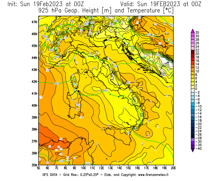 Mappa di analisi GFS - Geopotenziale [m] e Temperatura [°C] a 925 hPa in Italia
							del 19/02/2023 00 <!--googleoff: index-->UTC<!--googleon: index-->