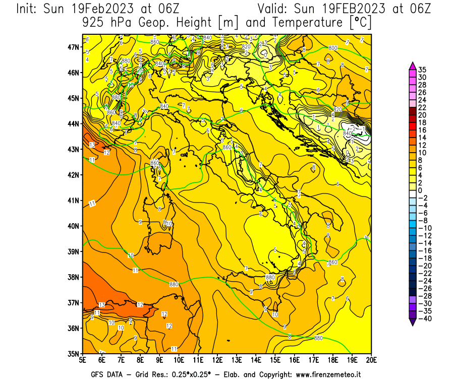 Mappa di analisi GFS - Geopotenziale [m] e Temperatura [°C] a 925 hPa in Italia
							del 19/02/2023 06 <!--googleoff: index-->UTC<!--googleon: index-->