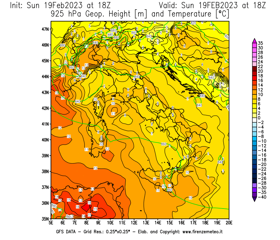 Mappa di analisi GFS - Geopotenziale [m] e Temperatura [°C] a 925 hPa in Italia
							del 19/02/2023 18 <!--googleoff: index-->UTC<!--googleon: index-->