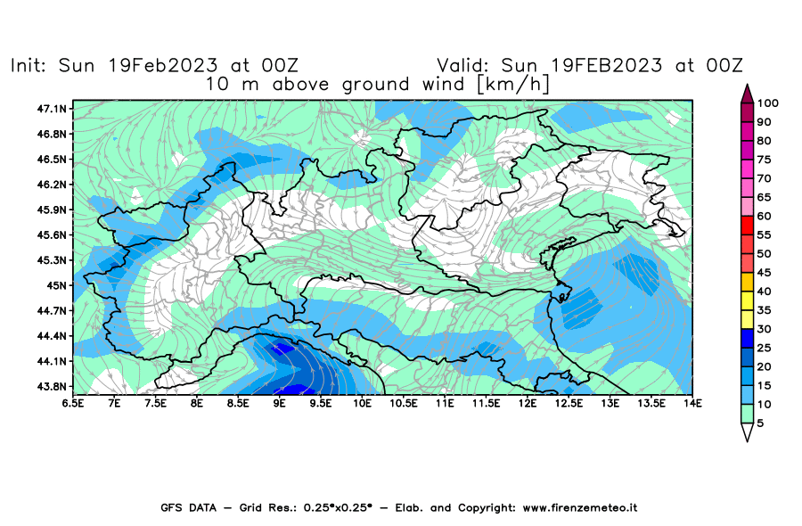 Mappa di analisi GFS - Velocità del vento a 10 metri dal suolo [km/h] in Nord-Italia
							del 19/02/2023 00 <!--googleoff: index-->UTC<!--googleon: index-->