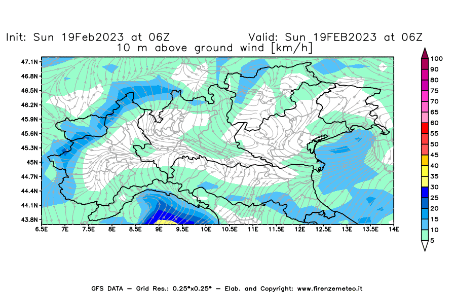 Mappa di analisi GFS - Velocità del vento a 10 metri dal suolo [km/h] in Nord-Italia
							del 19/02/2023 06 <!--googleoff: index-->UTC<!--googleon: index-->
