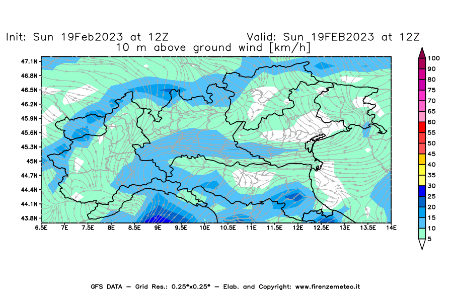 Mappa di analisi GFS - Velocità del vento a 10 metri dal suolo [km/h] in Nord-Italia
							del 19/02/2023 12 <!--googleoff: index-->UTC<!--googleon: index-->