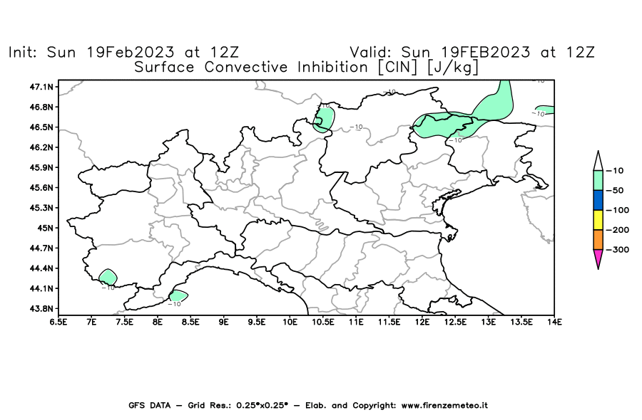 Mappa di analisi GFS - CIN [J/kg] in Nord-Italia
							del 19/02/2023 12 <!--googleoff: index-->UTC<!--googleon: index-->