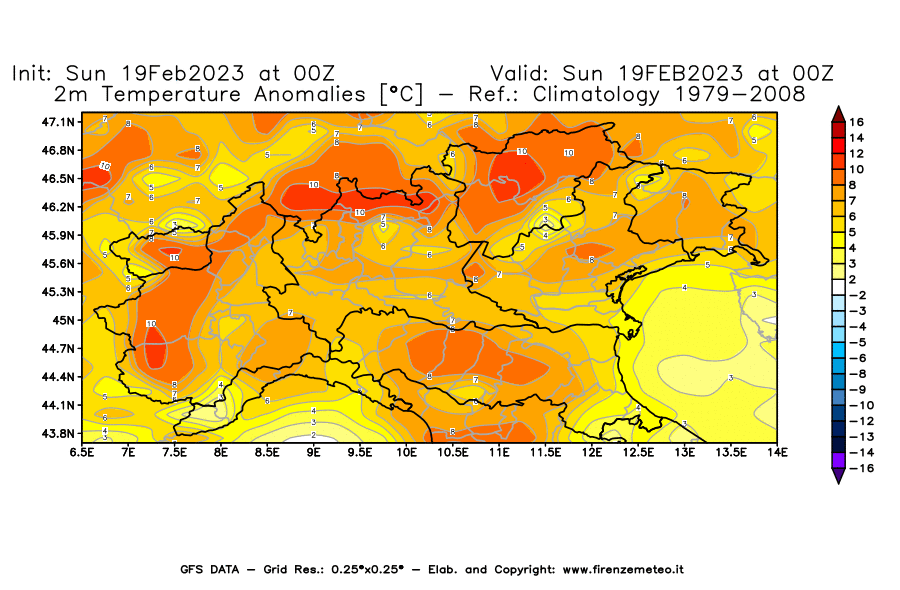 Mappa di analisi GFS - Anomalia Temperatura [°C] a 2 m in Nord-Italia
							del 19/02/2023 00 <!--googleoff: index-->UTC<!--googleon: index-->