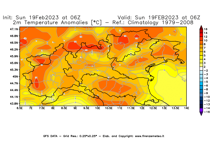 Mappa di analisi GFS - Anomalia Temperatura [°C] a 2 m in Nord-Italia
							del 19/02/2023 06 <!--googleoff: index-->UTC<!--googleon: index-->