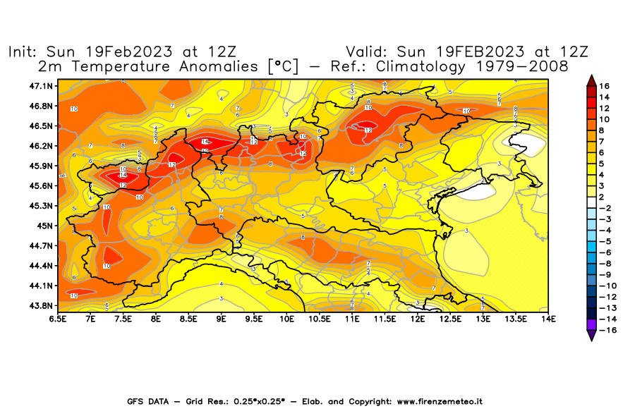 Mappa di analisi GFS - Anomalia Temperatura [°C] a 2 m in Nord-Italia
							del 19/02/2023 12 <!--googleoff: index-->UTC<!--googleon: index-->