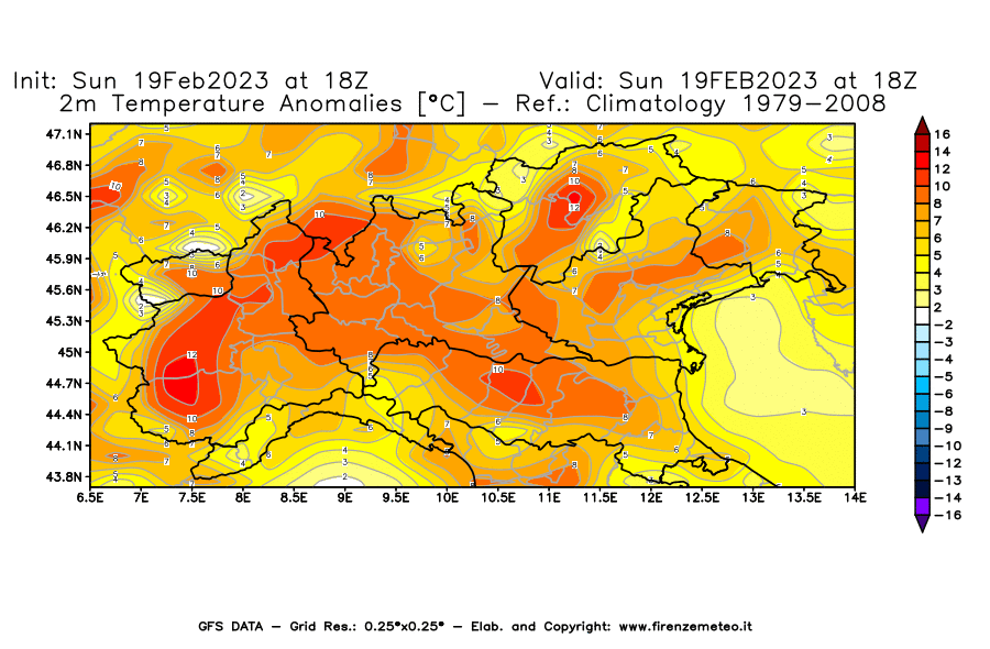 Mappa di analisi GFS - Anomalia Temperatura [°C] a 2 m in Nord-Italia
							del 19/02/2023 18 <!--googleoff: index-->UTC<!--googleon: index-->