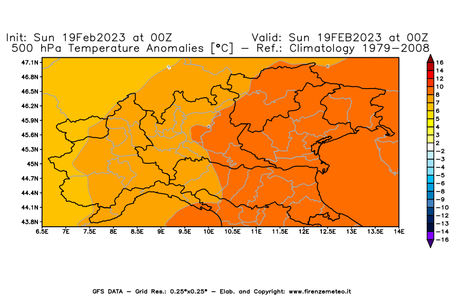 Mappa di analisi GFS - Anomalia Temperatura [°C] a 500 hPa in Nord-Italia
							del 19/02/2023 00 <!--googleoff: index-->UTC<!--googleon: index-->