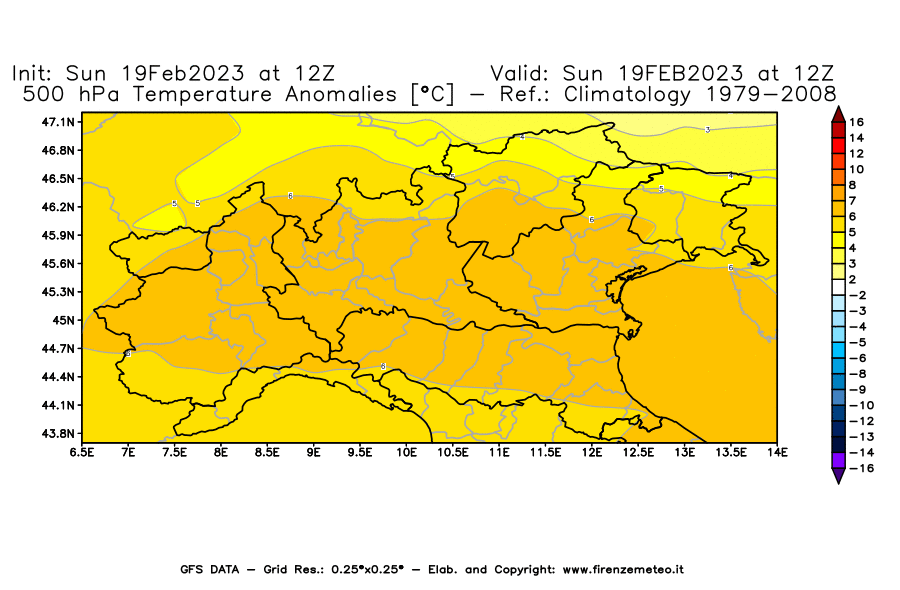 Mappa di analisi GFS - Anomalia Temperatura [°C] a 500 hPa in Nord-Italia
							del 19/02/2023 12 <!--googleoff: index-->UTC<!--googleon: index-->