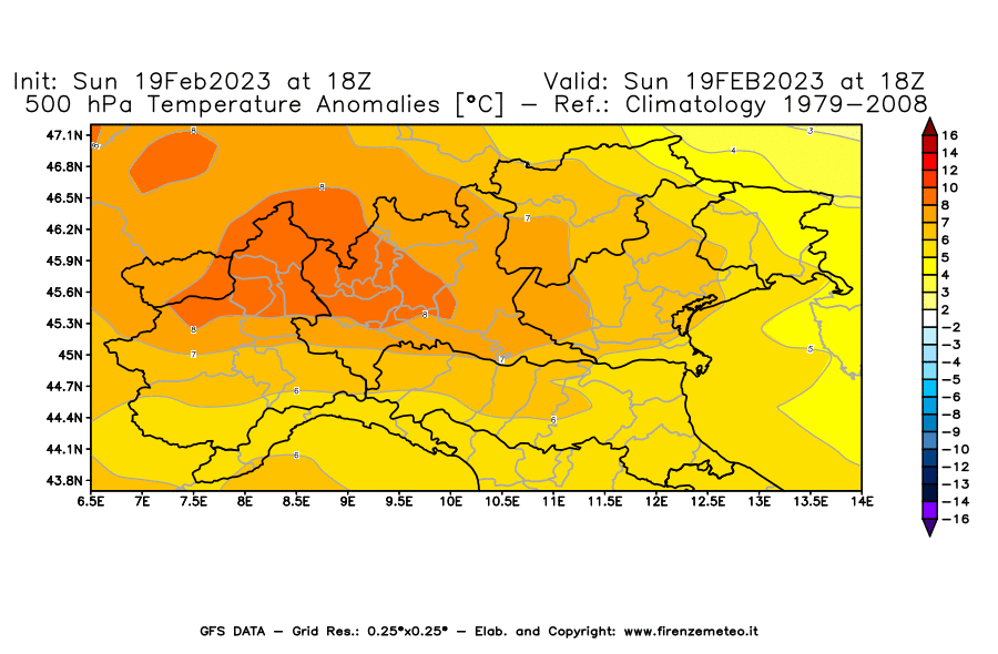 Mappa di analisi GFS - Anomalia Temperatura [°C] a 500 hPa in Nord-Italia
							del 19/02/2023 18 <!--googleoff: index-->UTC<!--googleon: index-->