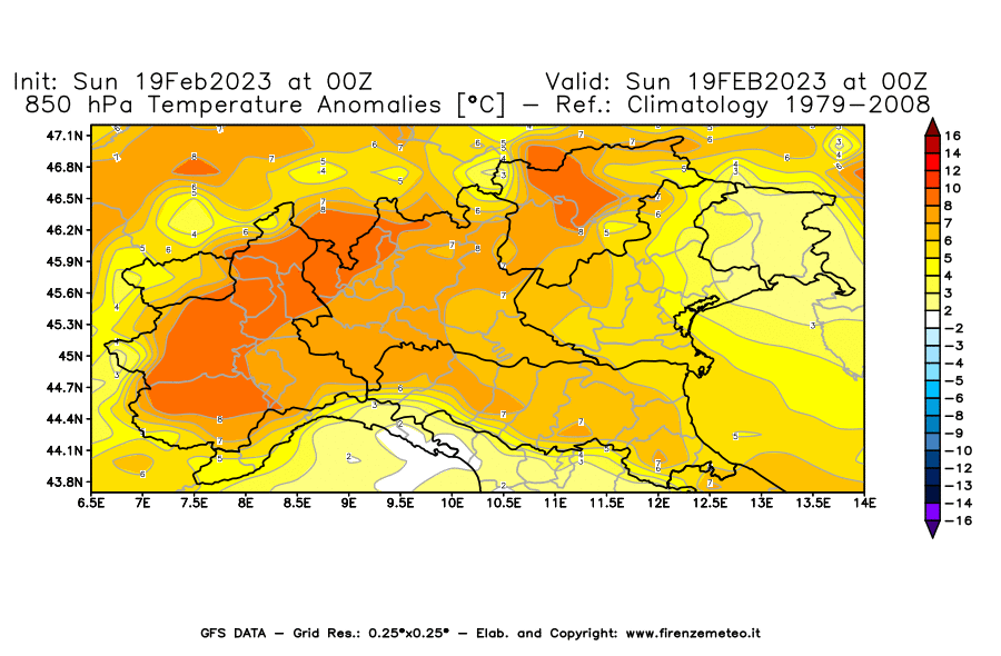 Mappa di analisi GFS - Anomalia Temperatura [°C] a 850 hPa in Nord-Italia
							del 19/02/2023 00 <!--googleoff: index-->UTC<!--googleon: index-->