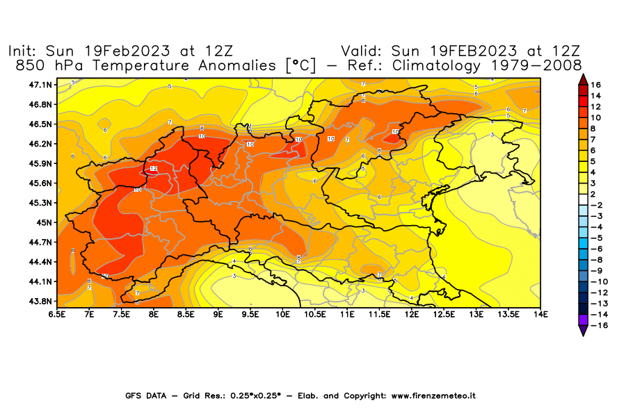 Mappa di analisi GFS - Anomalia Temperatura [°C] a 850 hPa in Nord-Italia
							del 19/02/2023 12 <!--googleoff: index-->UTC<!--googleon: index-->