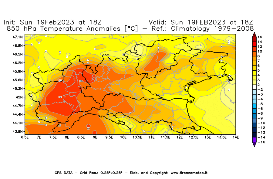 Mappa di analisi GFS - Anomalia Temperatura [°C] a 850 hPa in Nord-Italia
							del 19/02/2023 18 <!--googleoff: index-->UTC<!--googleon: index-->