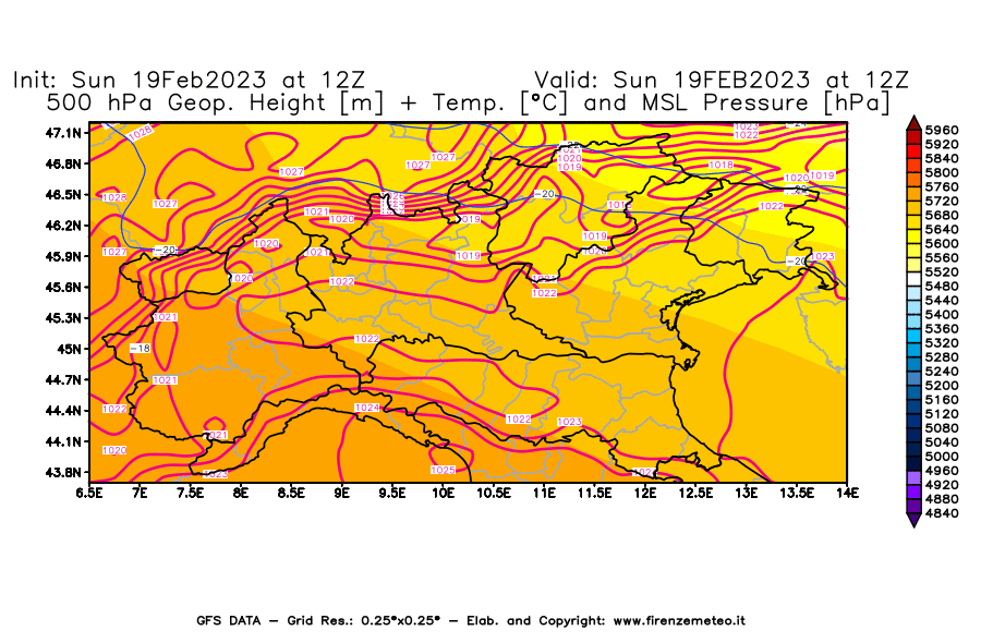 Mappa di analisi GFS - Geopotenziale [m] + Temp. [°C] a 500 hPa + Press. a livello del mare [hPa] in Nord-Italia
							del 19/02/2023 12 <!--googleoff: index-->UTC<!--googleon: index-->