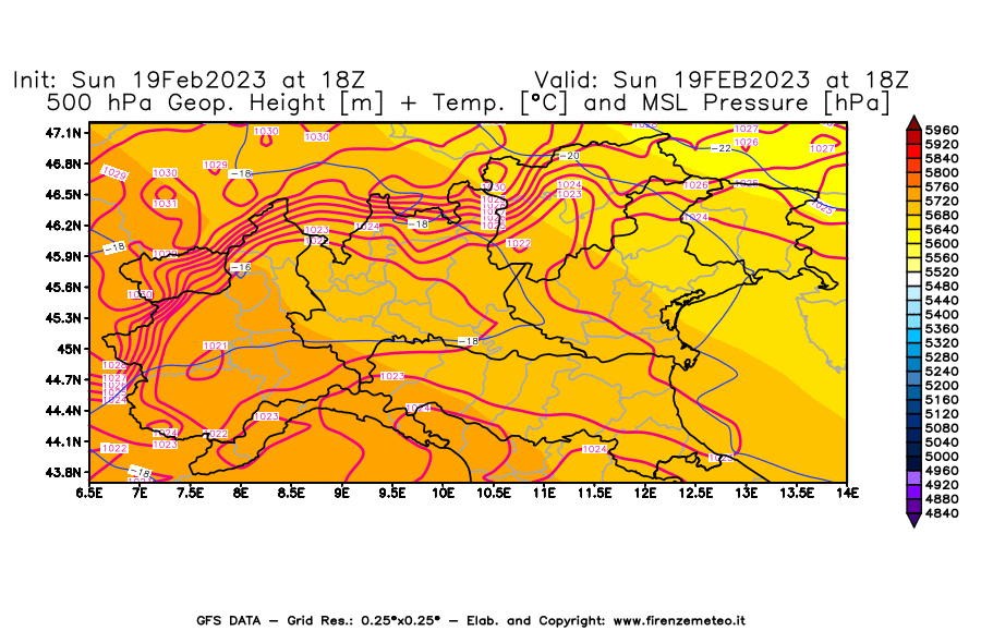 Mappa di analisi GFS - Geopotenziale [m] + Temp. [°C] a 500 hPa + Press. a livello del mare [hPa] in Nord-Italia
							del 19/02/2023 18 <!--googleoff: index-->UTC<!--googleon: index-->