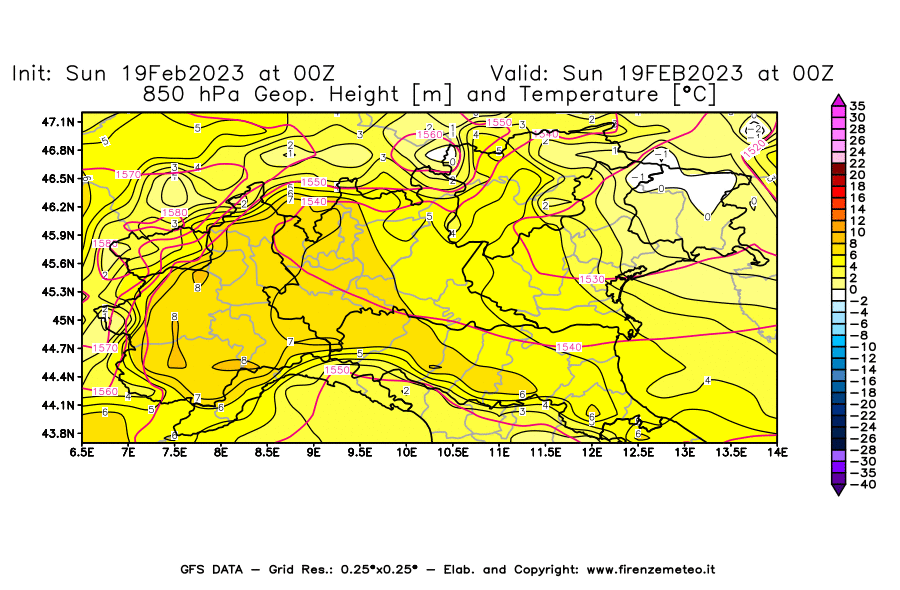 Mappa di analisi GFS - Geopotenziale [m] e Temperatura [°C] a 850 hPa in Nord-Italia
							del 19/02/2023 00 <!--googleoff: index-->UTC<!--googleon: index-->