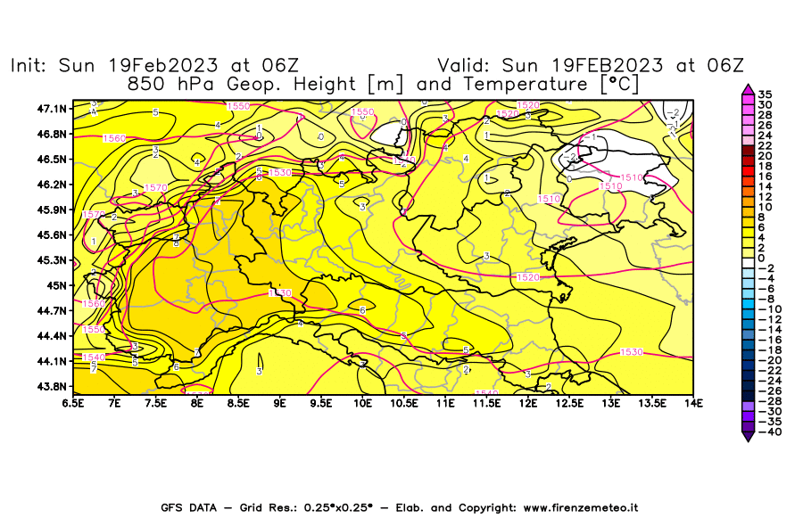 Mappa di analisi GFS - Geopotenziale [m] e Temperatura [°C] a 850 hPa in Nord-Italia
							del 19/02/2023 06 <!--googleoff: index-->UTC<!--googleon: index-->