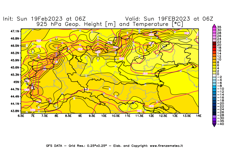Mappa di analisi GFS - Geopotenziale [m] e Temperatura [°C] a 925 hPa in Nord-Italia
							del 19/02/2023 06 <!--googleoff: index-->UTC<!--googleon: index-->
