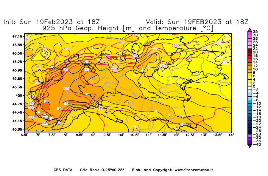 Mappa di analisi GFS - Geopotenziale [m] e Temperatura [°C] a 925 hPa in Nord-Italia
							del 19/02/2023 18 <!--googleoff: index-->UTC<!--googleon: index-->
