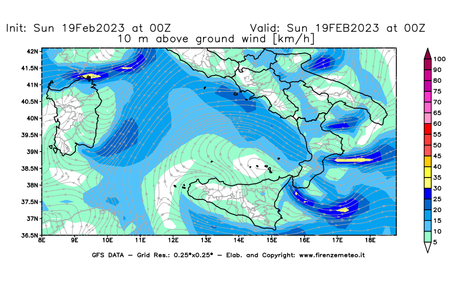 Mappa di analisi GFS - Velocità del vento a 10 metri dal suolo [km/h] in Sud-Italia
							del 19/02/2023 00 <!--googleoff: index-->UTC<!--googleon: index-->