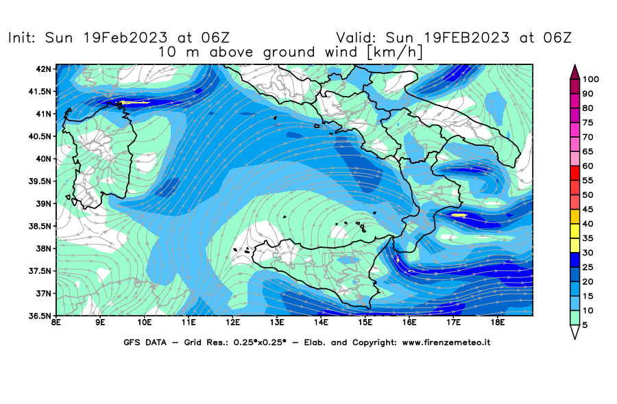 Mappa di analisi GFS - Velocità del vento a 10 metri dal suolo [km/h] in Sud-Italia
							del 19/02/2023 06 <!--googleoff: index-->UTC<!--googleon: index-->
