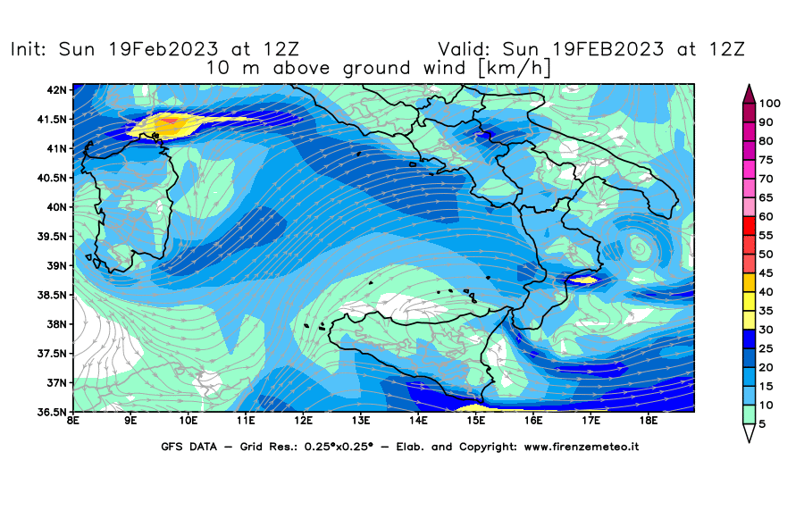 Mappa di analisi GFS - Velocità del vento a 10 metri dal suolo [km/h] in Sud-Italia
							del 19/02/2023 12 <!--googleoff: index-->UTC<!--googleon: index-->