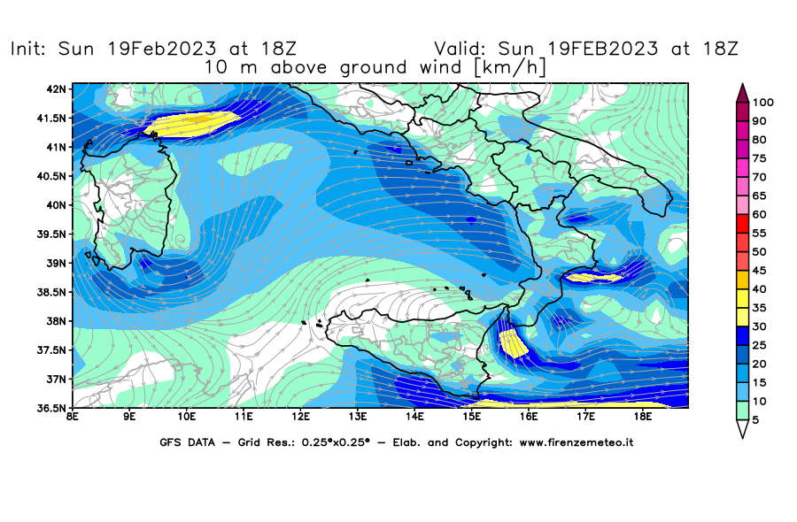 Mappa di analisi GFS - Velocità del vento a 10 metri dal suolo [km/h] in Sud-Italia
							del 19/02/2023 18 <!--googleoff: index-->UTC<!--googleon: index-->