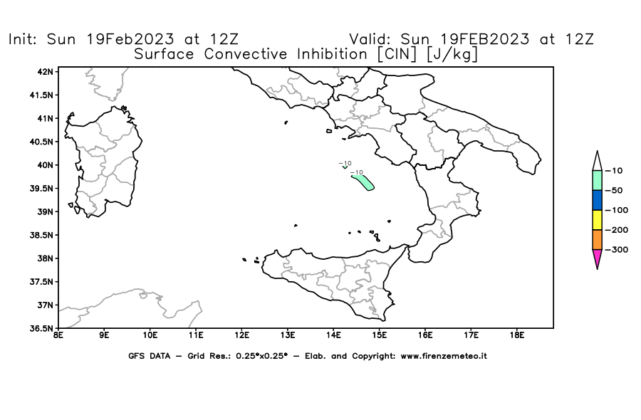 Mappa di analisi GFS - CIN [J/kg] in Sud-Italia
							del 19/02/2023 12 <!--googleoff: index-->UTC<!--googleon: index-->